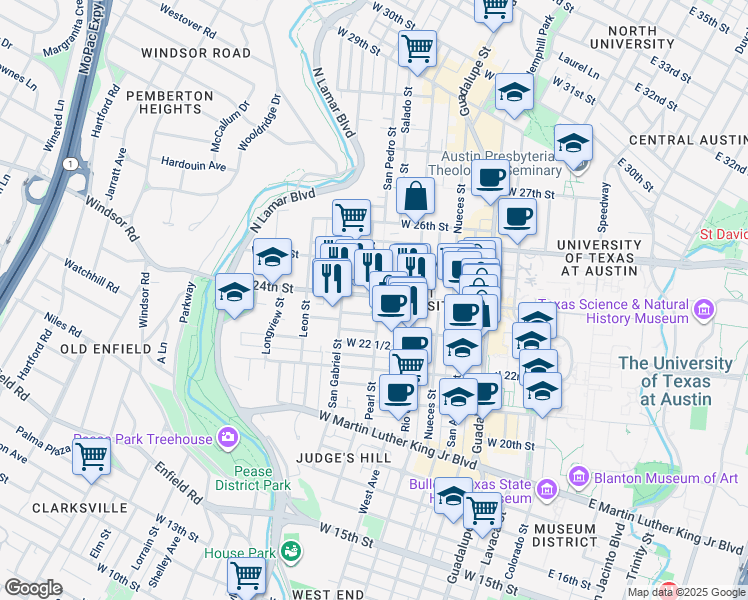 map of restaurants, bars, coffee shops, grocery stores, and more near 819 West 24th Street in Austin