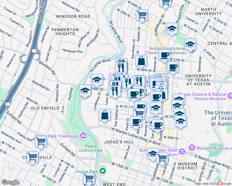 map of restaurants, bars, coffee shops, grocery stores, and more near 2312 San Gabriel Street in Austin