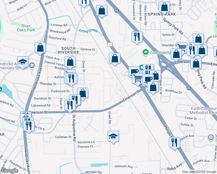 map of restaurants, bars, coffee shops, grocery stores, and more near 3605 Freeman Road in Jacksonville