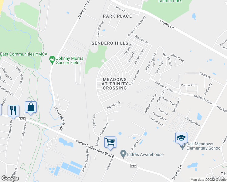 map of restaurants, bars, coffee shops, grocery stores, and more near 5665 Pinon Vista Drive in Austin