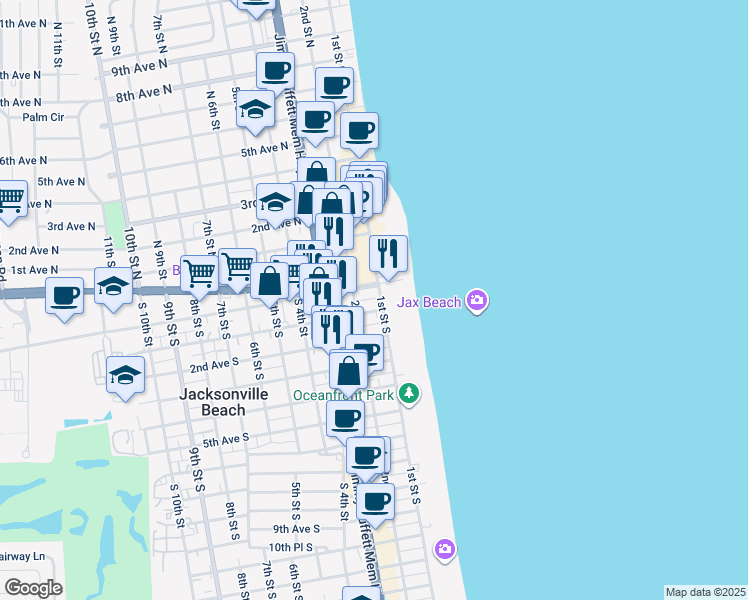 map of restaurants, bars, coffee shops, grocery stores, and more near 126 Beach Boulevard in Jacksonville Beach
