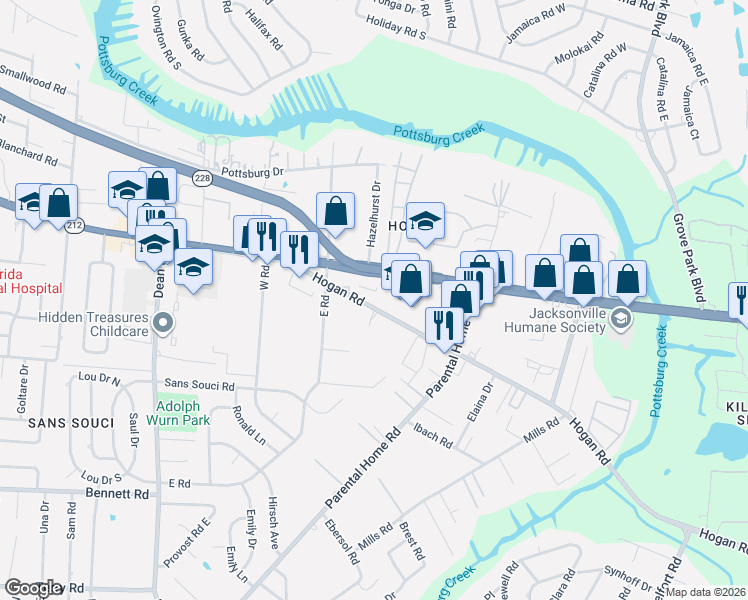 map of restaurants, bars, coffee shops, grocery stores, and more near 1763 East Road in Jacksonville