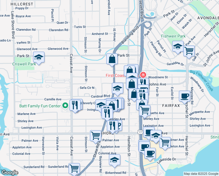 map of restaurants, bars, coffee shops, grocery stores, and more near 1700 Blanding Boulevard in Jacksonville