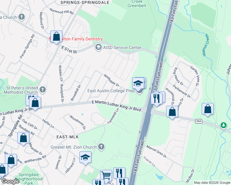 map of restaurants, bars, coffee shops, grocery stores, and more near 4903 Eastdale Drive in Austin