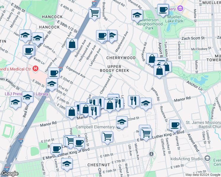 map of restaurants, bars, coffee shops, grocery stores, and more near 3309 Hemlock Avenue in Austin