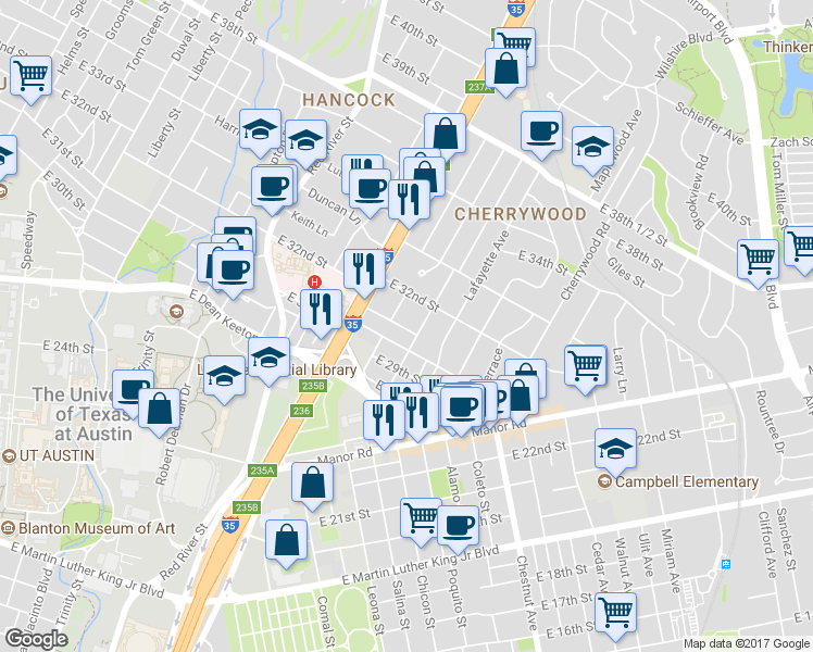 map of restaurants, bars, coffee shops, grocery stores, and more near in Austin