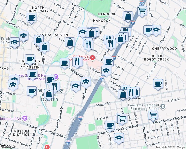 map of restaurants, bars, coffee shops, grocery stores, and more near 2800 Swisher Street in Austin