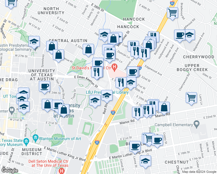 map of restaurants, bars, coffee shops, grocery stores, and more near 2800 Swisher Street in Austin