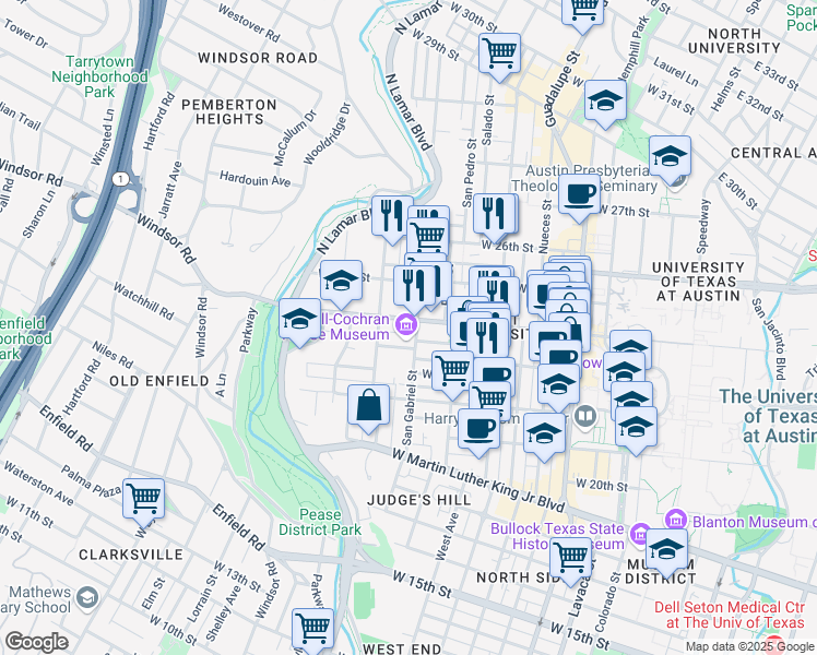 map of restaurants, bars, coffee shops, grocery stores, and more near 909 West 24th Street in Austin