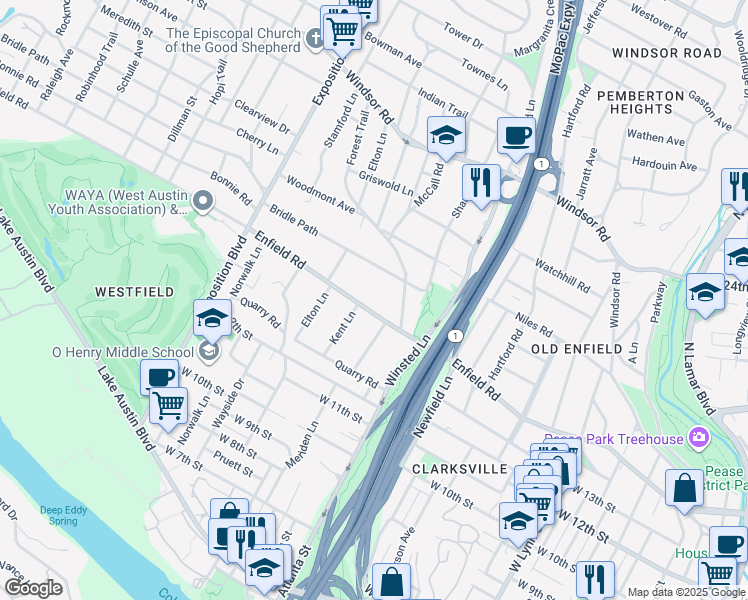 map of restaurants, bars, coffee shops, grocery stores, and more near 2210 Enfield Road in Austin