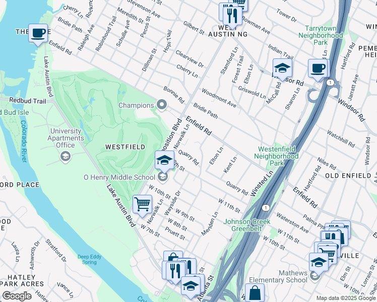 map of restaurants, bars, coffee shops, grocery stores, and more near 2508 Quarry Road in Austin