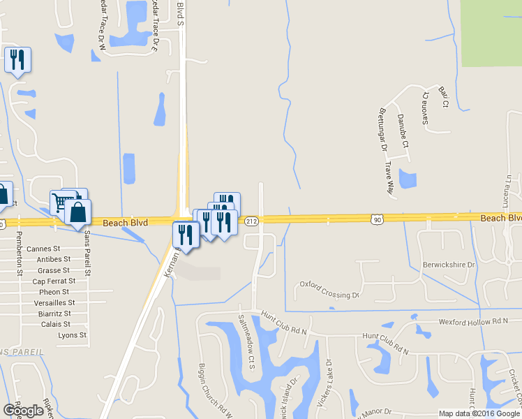 map of restaurants, bars, coffee shops, grocery stores, and more near 12701 Beach Boulevard in Jacksonville