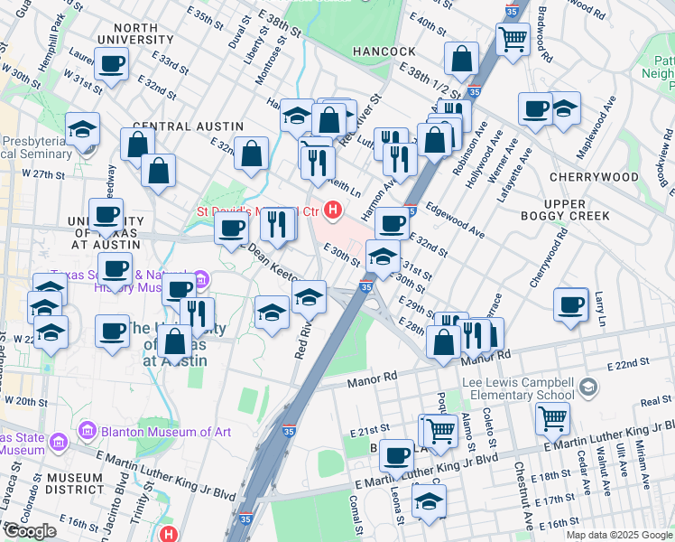 map of restaurants, bars, coffee shops, grocery stores, and more near 2901 Swisher Street in Austin