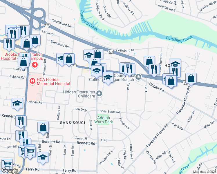 map of restaurants, bars, coffee shops, grocery stores, and more near 6736 Beach Boulevard in Jacksonville