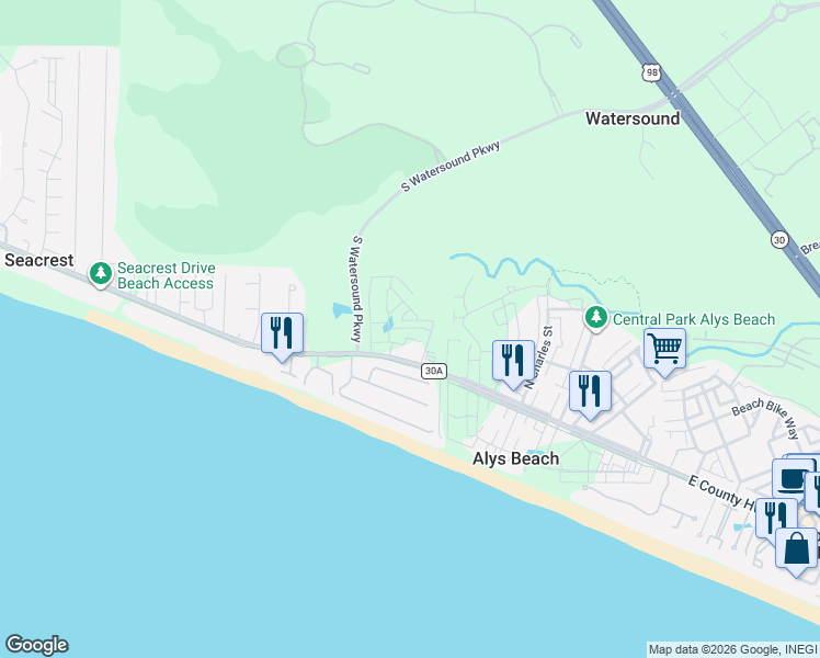 map of restaurants, bars, coffee shops, grocery stores, and more near 9247 East County Highway 30A in Panama City Beach