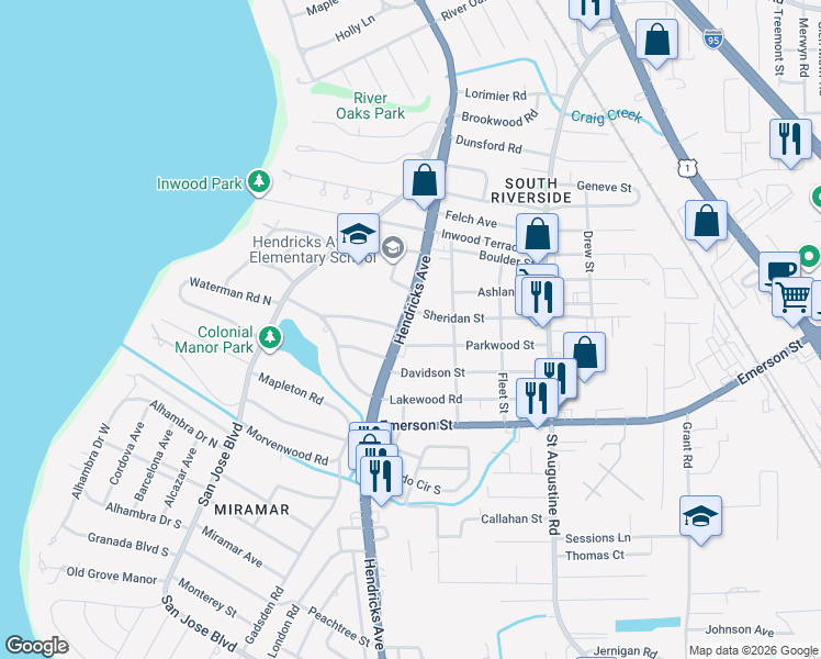 map of restaurants, bars, coffee shops, grocery stores, and more near 3535 Hendricks Avenue in Jacksonville