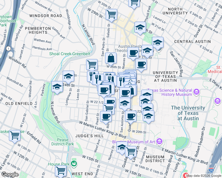 map of restaurants, bars, coffee shops, grocery stores, and more near W 24th St & Rio Grande St in Austin