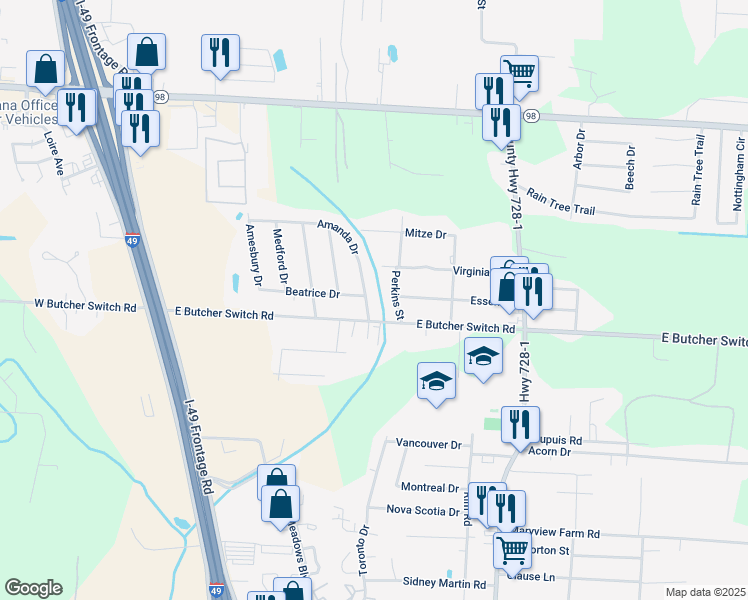 map of restaurants, bars, coffee shops, grocery stores, and more near 104 Amanda Drive in Lafayette