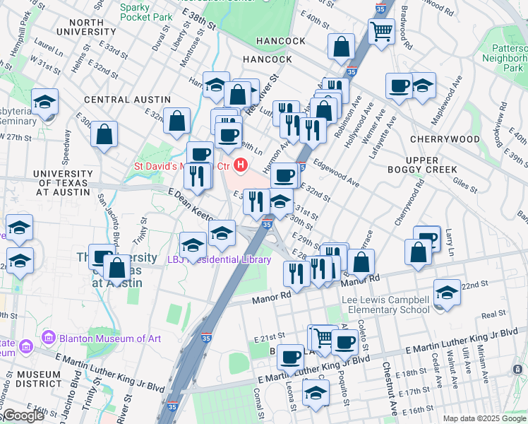 map of restaurants, bars, coffee shops, grocery stores, and more near 2908 Cole Street in Austin