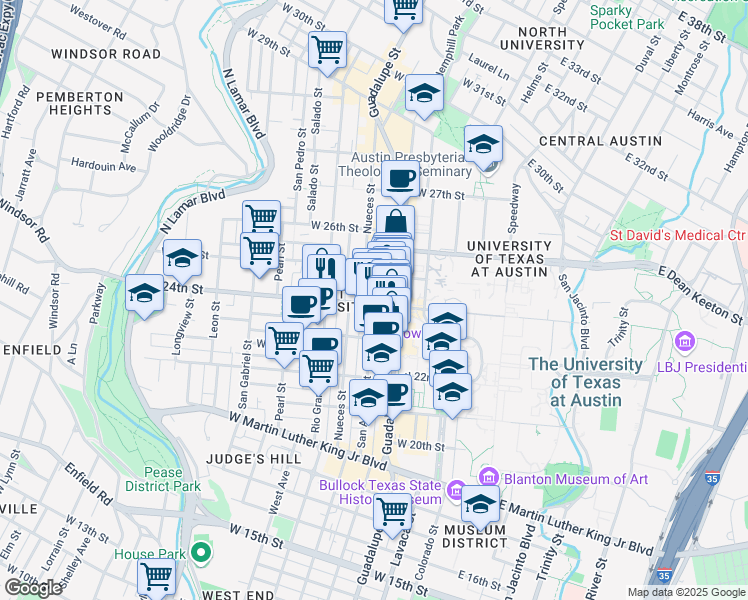 map of restaurants, bars, coffee shops, grocery stores, and more near 2400 Nueces Street in Austin