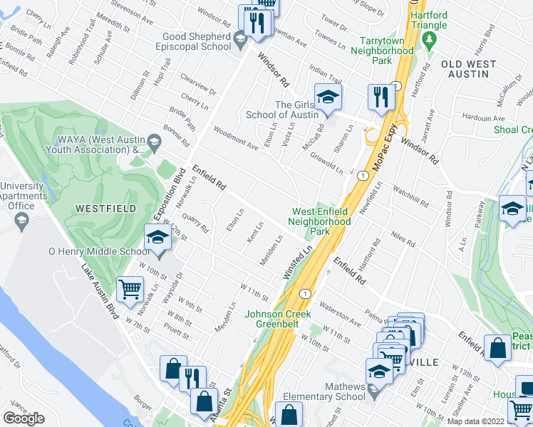 map of restaurants, bars, coffee shops, grocery stores, and more near 2210 Enfield Road in Austin