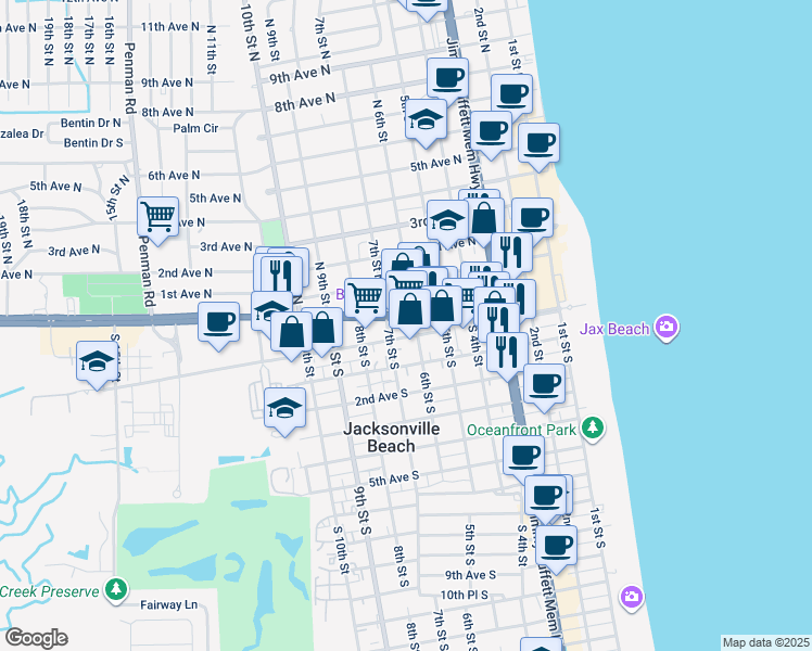 map of restaurants, bars, coffee shops, grocery stores, and more near 622 Beach Boulevard in Jacksonville Beach