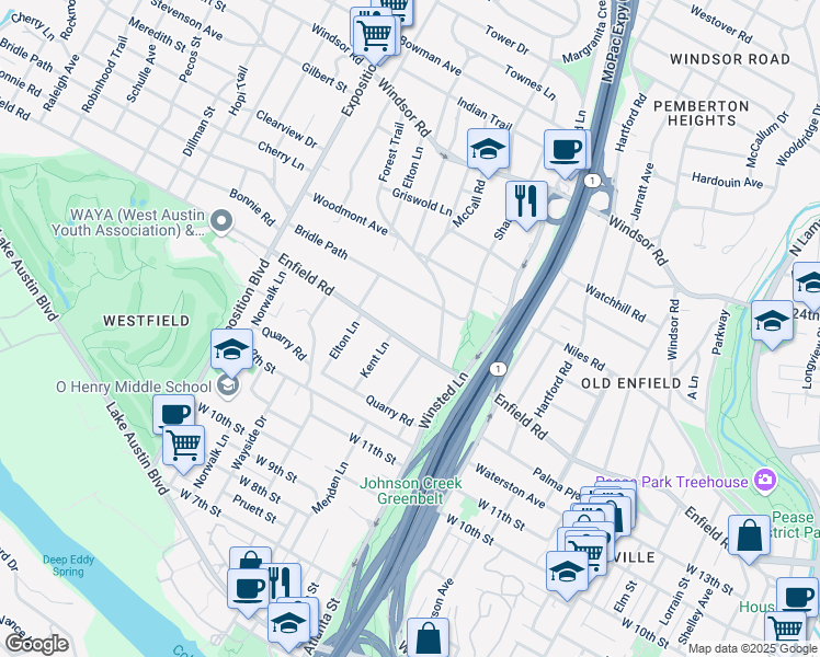map of restaurants, bars, coffee shops, grocery stores, and more near 2506 Enfield Road in Austin