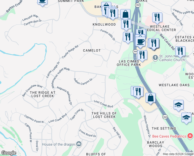 map of restaurants, bars, coffee shops, grocery stores, and more near 6203 Indian Canyon Drive in Austin