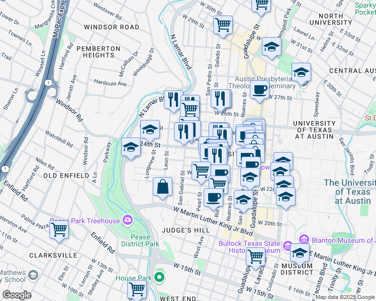 map of restaurants, bars, coffee shops, grocery stores, and more near 909 West 24th Street in Austin