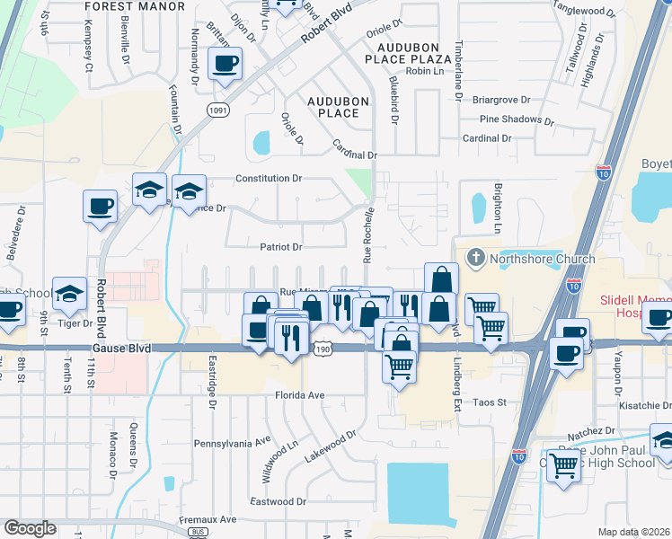 map of restaurants, bars, coffee shops, grocery stores, and more near 1021 Rue Limoges in Slidell