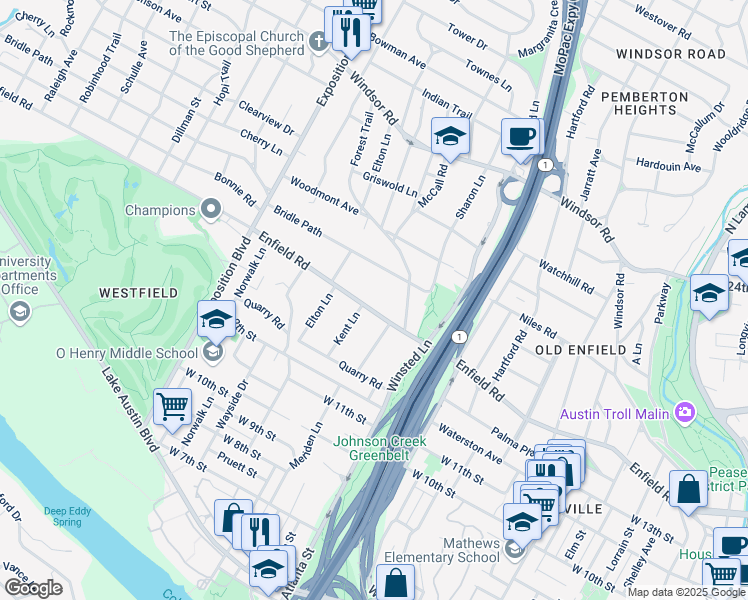 map of restaurants, bars, coffee shops, grocery stores, and more near 2210 Enfield Road in Austin