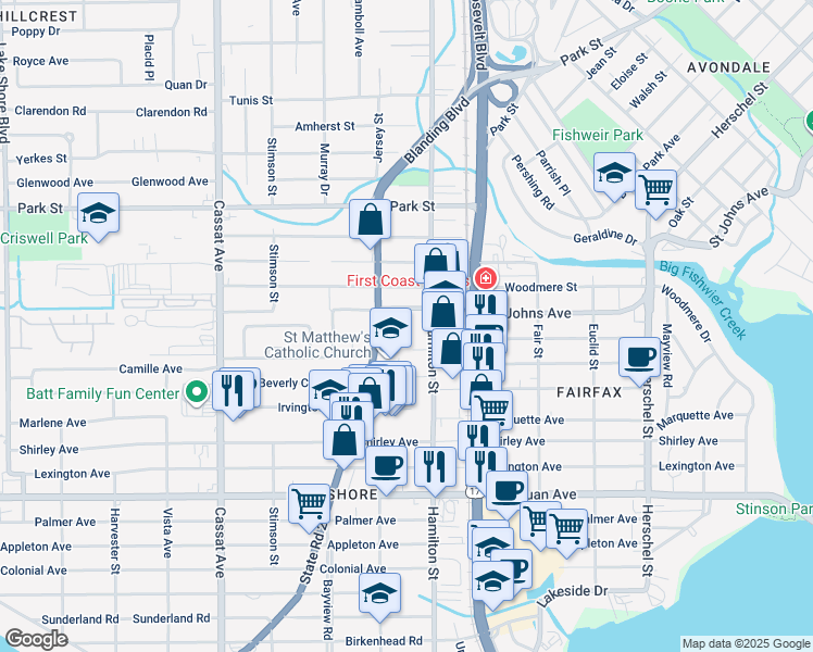 map of restaurants, bars, coffee shops, grocery stores, and more near 4570 Saint Johns Avenue in Jacksonville