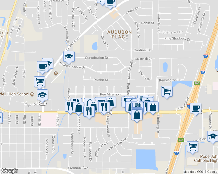 map of restaurants, bars, coffee shops, grocery stores, and more near 1020 Rue Bordeaux in Slidell