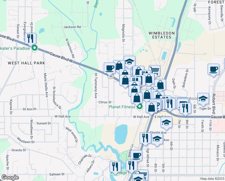 map of restaurants, bars, coffee shops, grocery stores, and more near 1137 South Pine Street in Slidell