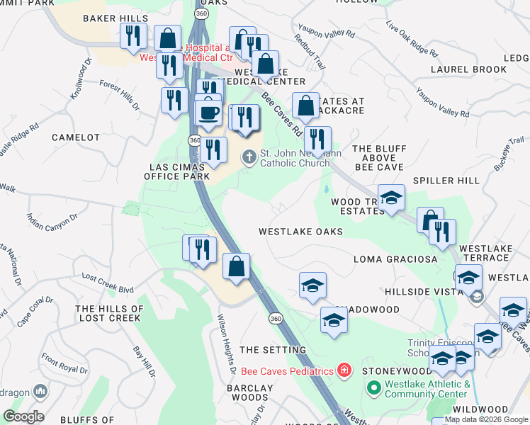 map of restaurants, bars, coffee shops, grocery stores, and more near 16 Sundown Parkway in Austin