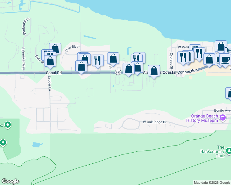 map of restaurants, bars, coffee shops, grocery stores, and more near 25050 Canal Road in Orange Beach