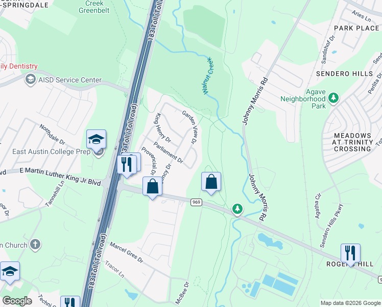 map of restaurants, bars, coffee shops, grocery stores, and more near 6506 Garden View Drive in Austin