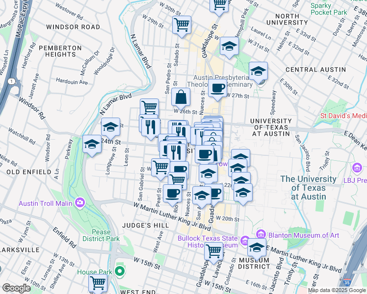 map of restaurants, bars, coffee shops, grocery stores, and more near 620 1/2 West 24th Street in Austin