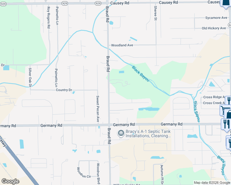 map of restaurants, bars, coffee shops, grocery stores, and more near 15138 Braud Road in Prairieville
