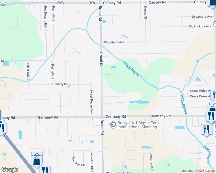 map of restaurants, bars, coffee shops, grocery stores, and more near 15138 Braud Road in Prairieville