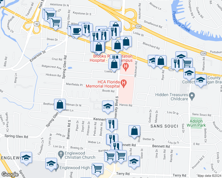 map of restaurants, bars, coffee shops, grocery stores, and more near 3648 University Boulevard South in Jacksonville