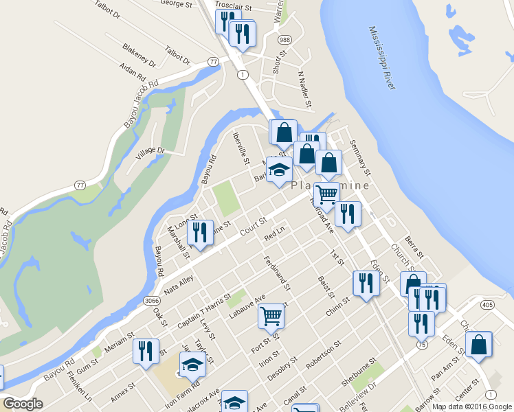 map of restaurants, bars, coffee shops, grocery stores, and more near Plaquemine Street in Plaquemine
