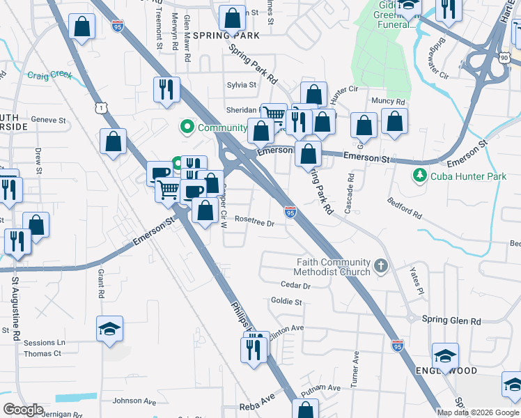map of restaurants, bars, coffee shops, grocery stores, and more near 3752 Cactus Lane in Jacksonville