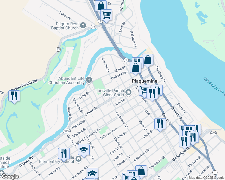 map of restaurants, bars, coffee shops, grocery stores, and more near Plaquemine Street in Plaquemine