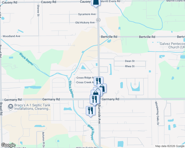 map of restaurants, bars, coffee shops, grocery stores, and more near 15133 Louisiana 44 in Gonzales
