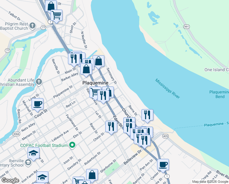 map of restaurants, bars, coffee shops, grocery stores, and more near 57735 Haase Street in Plaquemine