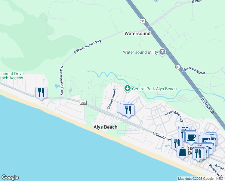 map of restaurants, bars, coffee shops, grocery stores, and more near 121 Charles Street in Rosemary Beach