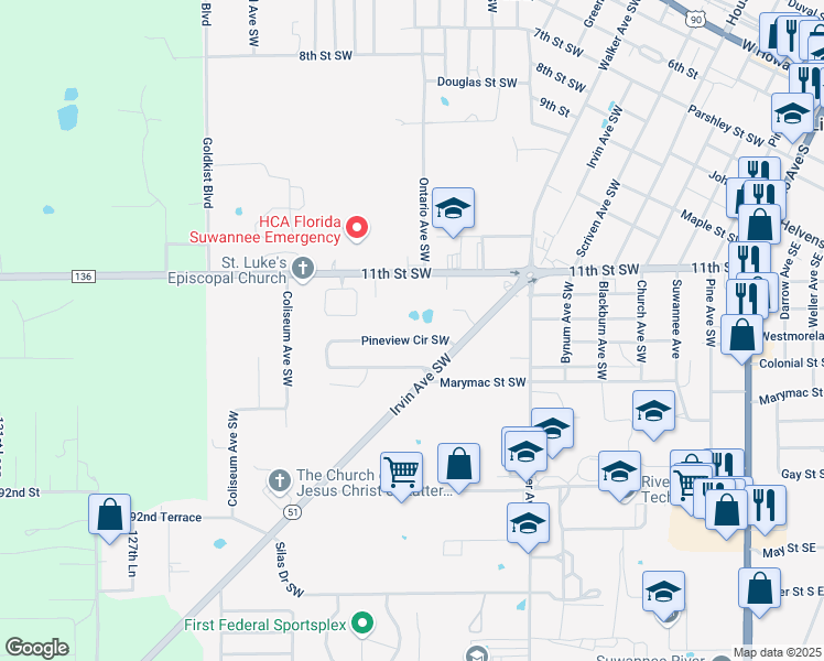 map of restaurants, bars, coffee shops, grocery stores, and more near 934 Pineview Cir SW in Live Oak