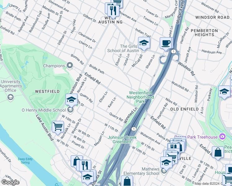 map of restaurants, bars, coffee shops, grocery stores, and more near 2300 Enfield Road in Austin