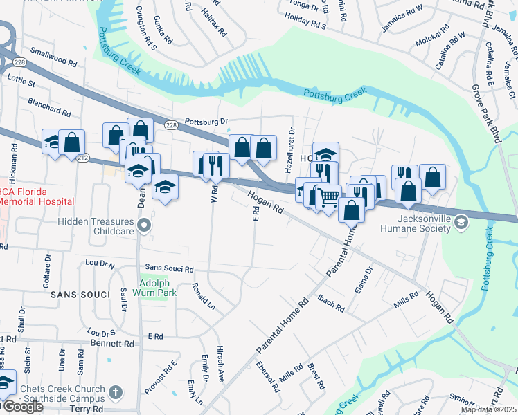 map of restaurants, bars, coffee shops, grocery stores, and more near 1836 East Road in Jacksonville